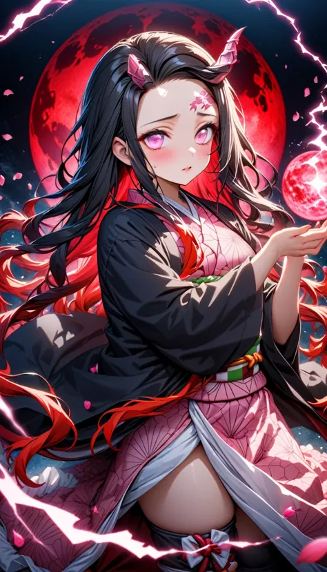 Ultra detailed, highres, absurdres, HDR, master piece, Kamado Nezuko, black long hair, expressive pink eyes, black haori, pink k...