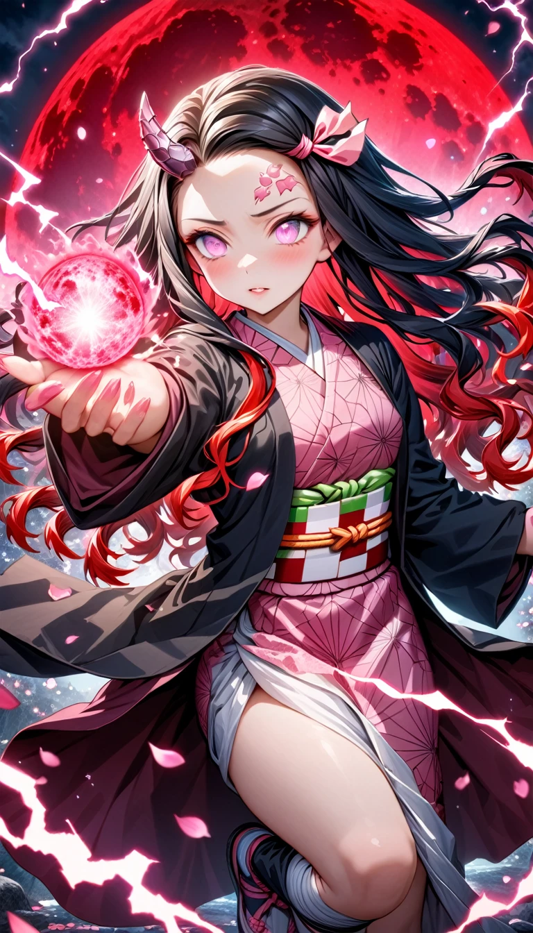 Extrem detailliert, highres, absurdesten, HDR, Meisterwerk, Kamado Nezuko, schwarze lange Haare, ausdrucksstarke rosa Augen, schwarzer Haori, rosa kimono, one Dämon horn on her forehead, Kimetsu No Yaiba, Fantasie, Blütenblätter, rote Blumen, extrem schön, Frau, Allein, Magie, leuchtend rote Glühwürmchen, beste Qualität, extrem detailliertes Gesicht und Augen, roter Mond, Rosa Blitz, Dämon, rosa Feuer,