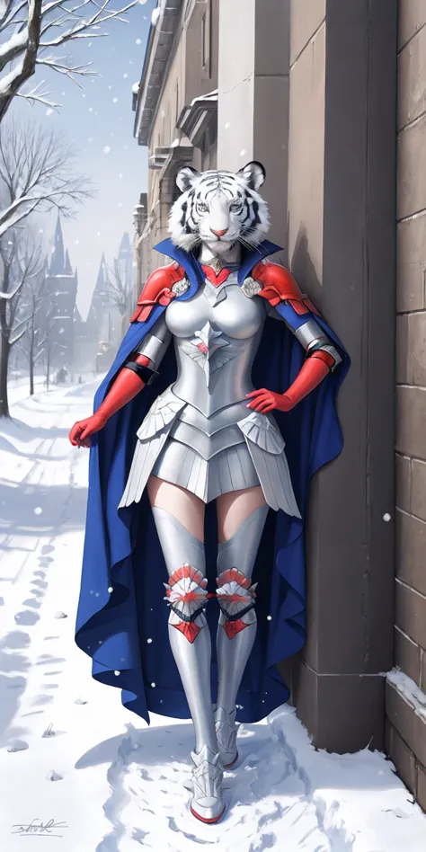 Furry white tiger woman stands on the street of a snowy castle, wearing shining armor (armor with a mirror surface) and a fur ca...