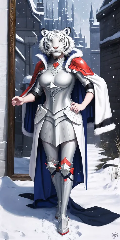 Furry white tiger woman stands on the street of a snowy castle, wearing shining armor (armor with a mirror surface) and a fur ca...