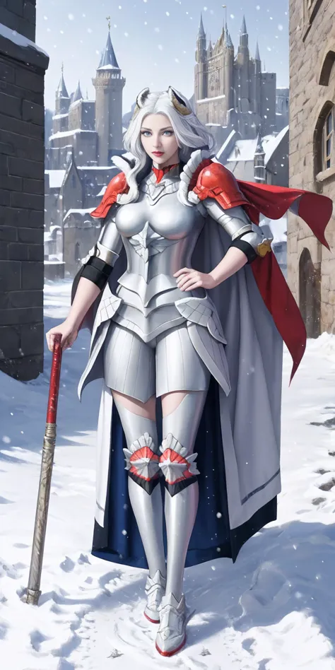 Furry white tiger woman stands on the street of a snowy castle, wearing shining armor (armor with a mirror surface) and a fur ca...