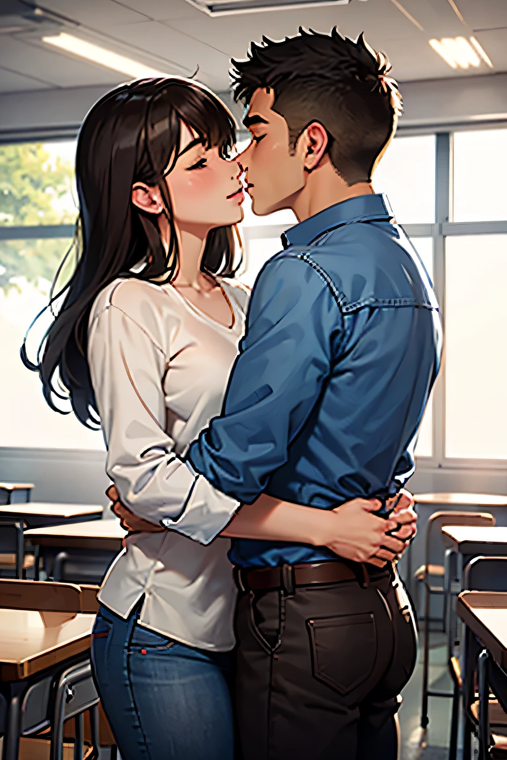 Amazing portrait of a sexy teacher wearing a shirt and jeans kissing and making out passionately with her male student in an empty classroom in an intimate setting