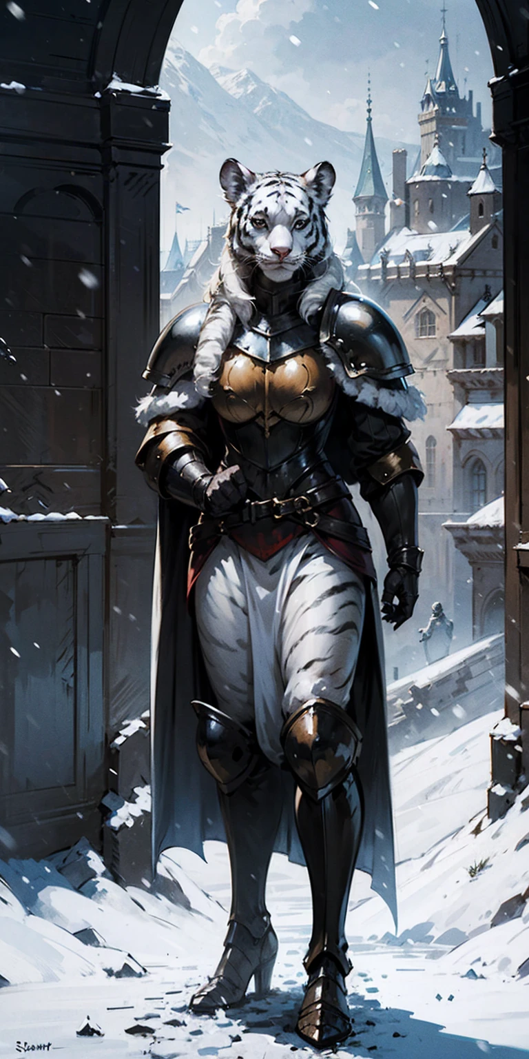 Furry white tiger woman stands on the street of a snowy castle, wearing shining armor (armor with a mirror surface) and a fur cape, winter, snowing, Medieval times, fantasy, white tiger woman, (Women - White Tiger), (Furry), Sakimichan art, white and black palette