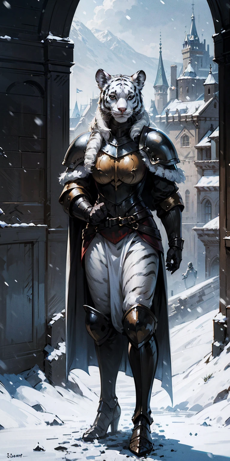 velu Femme Tigre Blanc stands on the street of a snowy castle, porter une armure brillante (armure avec une surface miroir) et une cape en fourrure, hiver, il neige, l&#39;époque médiévale, fantaisie, Femme Tigre Blanc, (Femmes - Tigre Blanc), (velu), Art Sakimichan, palette blanche et noire