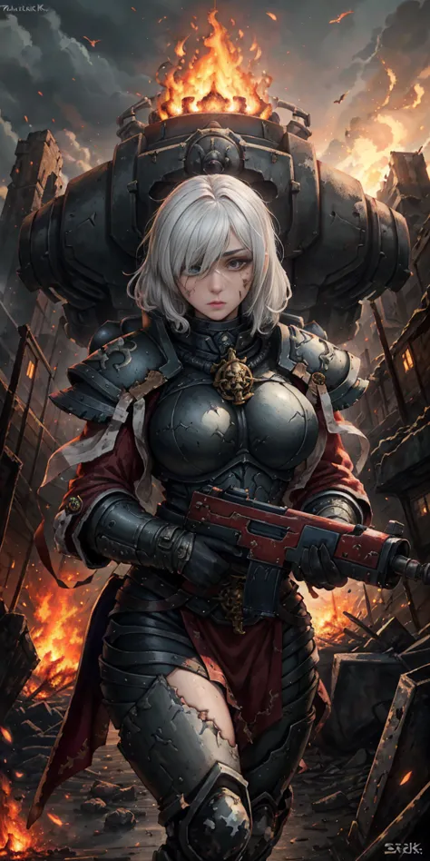 (masterpiece:1.2), (best quality:1.2), perfect eyes, perfect face, perfect lighting, 1girl, mature whsororitas with a laser rifl...