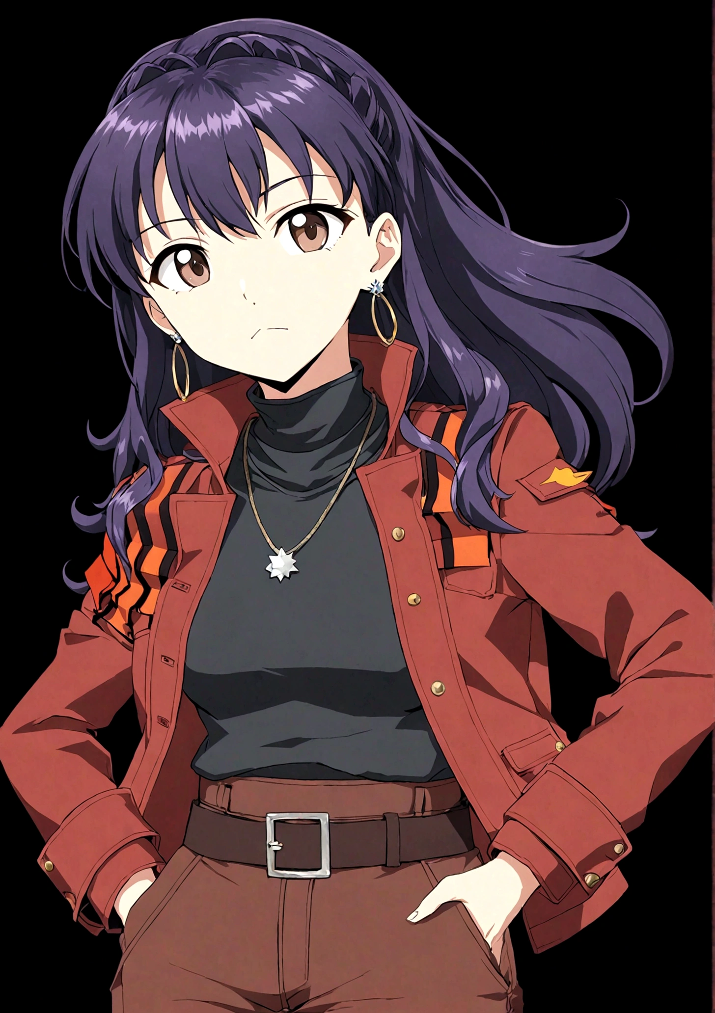 1 Girl，belt，black background，十字架necklace，earrings，Akimbo，jacket，Jewelry，katsuragi misato，Long hair，necklace，Transparent Background