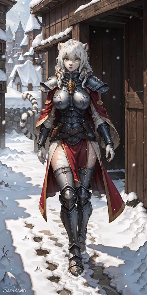 Furry white tiger woman stands on the street of a snowy castle, wearing shining armor (armor with a mirror surface) and a fur ca...