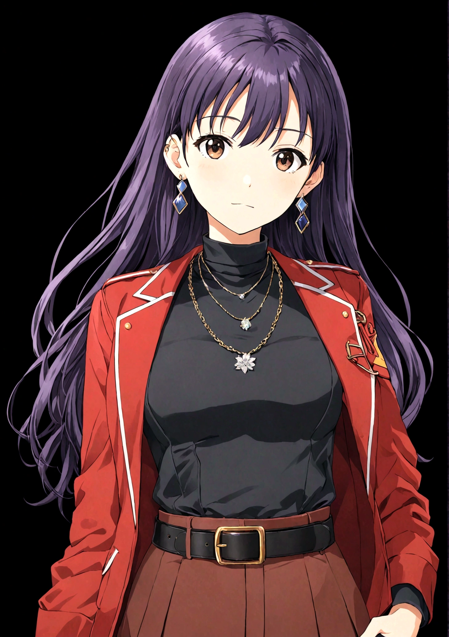 1 Girl，belt，black background，十字架necklace，earrings，Akimbo，jacket，Jewelry，katsuragi misato，Long hair，necklace，Transparent Background