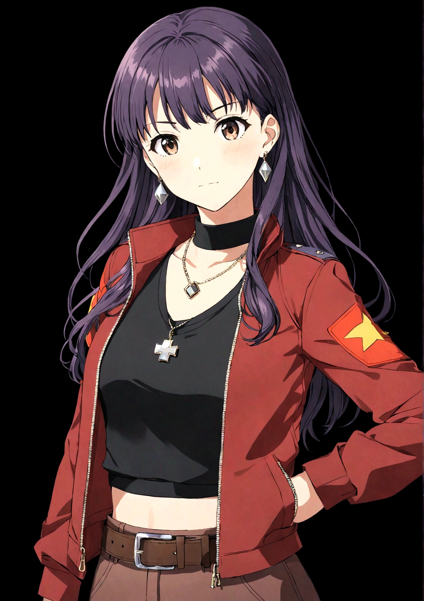 1 Girl，belt，black background，十字架necklace，earrings，Akimbo，jacket，Jewelry，katsuragi misato，Long hair，necklace，Transparent Background