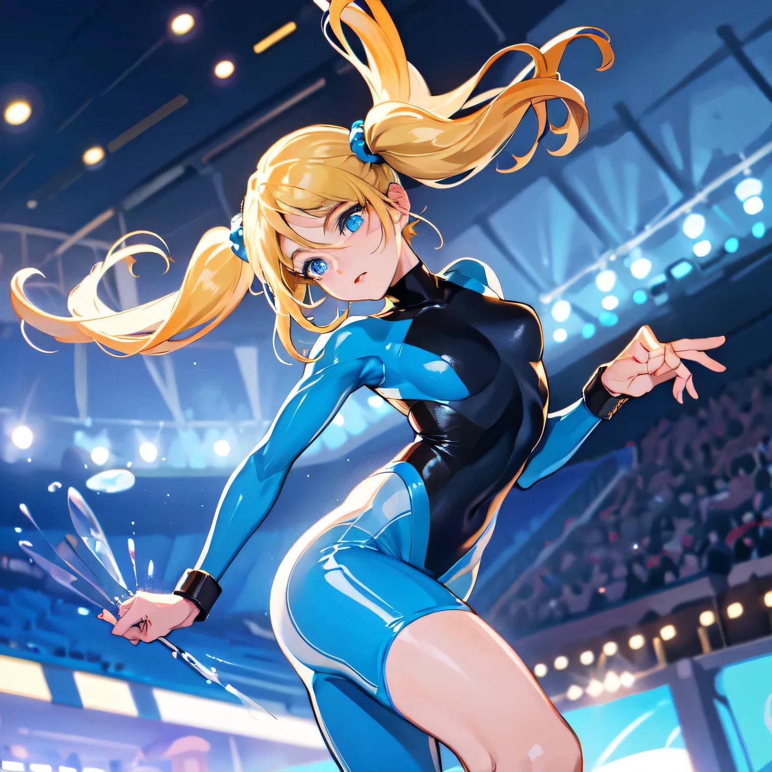 solo, bodysuit, skindentation, figure skating, ice skating, strike a pose, elegant, from below, foreshortening, spotlights, silhouette, dramatic lighting, bubbles, stadium, crowd,, (bubbles), (blonde hair, blue eyes, short twintails, pigtails)