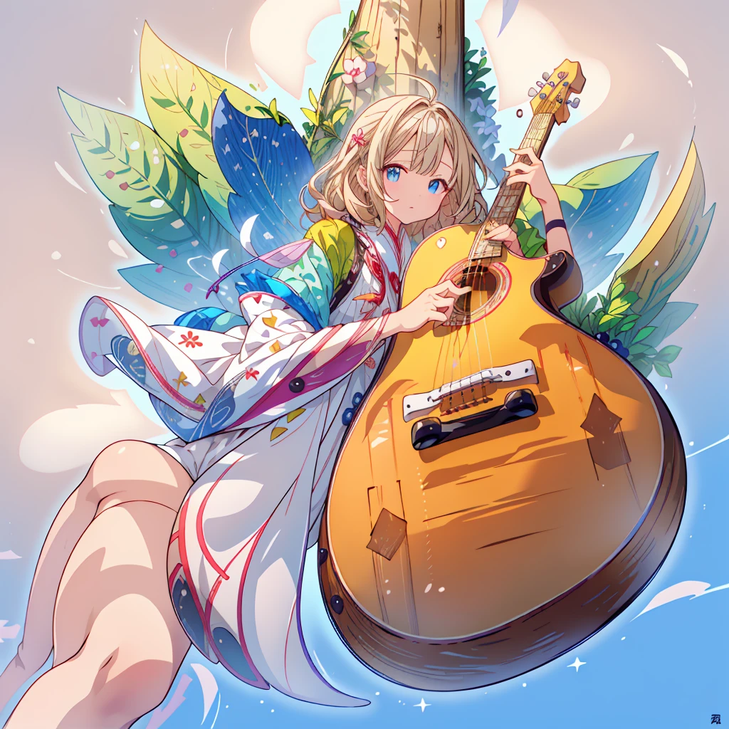 One girl、(masterpiece, highest quality、Official Art、The best configuration、Award-winning works), (Thin Hair), Very detailed, Anime Style, alone, full length, Concept Art,guitarをひいている　guitar　Note, デザインが非常にこだわっているguitar,  Super huge, Tall and stylish, Very large.、White Background, full lengthに立って, Floating in the sky,fsgzisksk