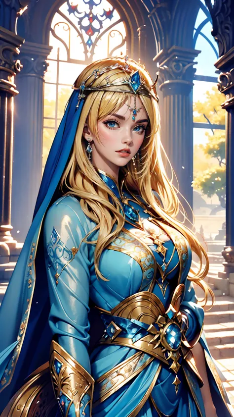 Wearing a blue dress and a veil、Blonde woman with a veil on her head, Beautiful fantasy maiden, Detailed fantasy art, Beautiful ...