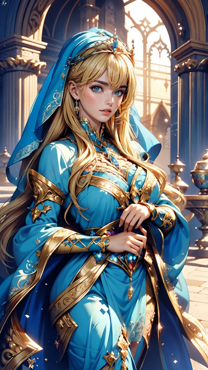 Wearing a blue dress and a veil、Blonde woman with a veil on her head, Beautiful fantasy maiden, Detailed fantasy art, Beautiful fantasy art, Blonde Princess, artgerm の artstation pixiv, Beautiful maiden, ((Beautiful Fantasy Empress)), 2. 5d cgi anime fantasy artwork, Fantasy art style, Detailed digital anime art, Fantasy style art