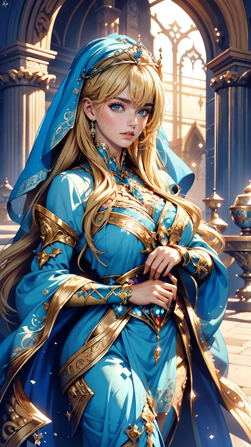 Trägt ein blaues Kleid und einen Schleier、Blonde Frau mit Schleier auf dem Kopf, wunderschönes Fantasiemädchen, detaillierte Fantasy-Kunst, wunderschöne Fantasy-Kunst, blonde Prinzessin, artgerm の artstation pixiv, schönes Mädchen, ((schöne Fantasiekaiserin)), 2. 5D CGI Anime Fantasy-Kunstwerk, Fantasy-Kunststil, detaillierte digitale Anime-Kunst, Kunst im Fantasy-Stil