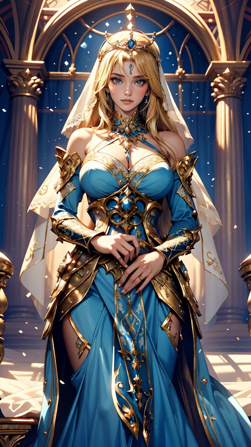 Wearing a blue dress and a veil、Blonde woman with a veil on her head, Beautiful fantasy maiden, Detailed fantasy art, Beautiful fantasy art, Blonde Princess, artgerm の artstation pixiv, Beautiful maiden, ((Beautiful Fantasy Empress)), 2. 5d cgi anime fantasy artwork, Fantasy art style, Detailed digital anime art, Fantasy style art