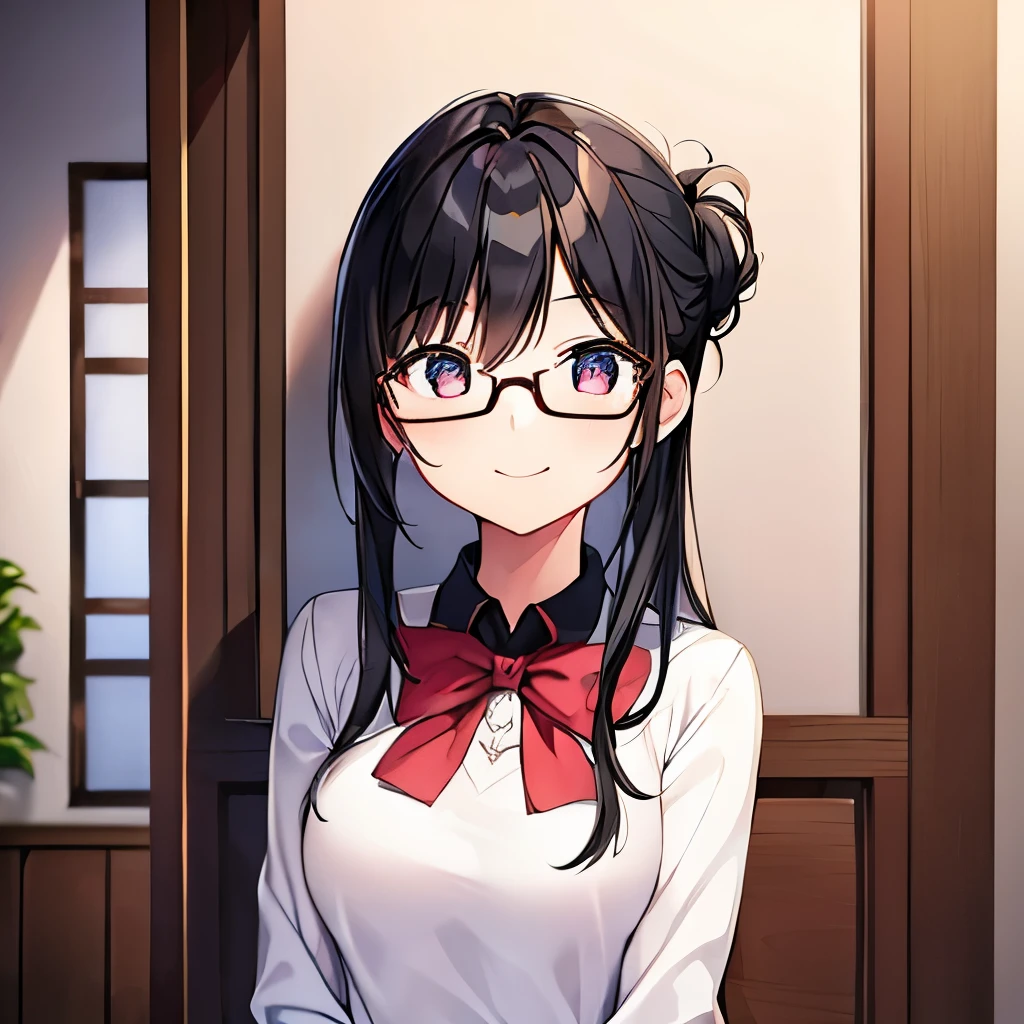 1 girl、28-year-old female、Asian、cute、Black Hair、Updo、Glasses、alone、Beautiful smile、Looking up、room、one&#39;s home、living、Casual clothing、HD Fine、Very detailed、Masterpiece、Cinema Lighting、(8k、highest quality、Masterpiece:1.2)、(Realistic、Photorealistic:1.37) High resolution