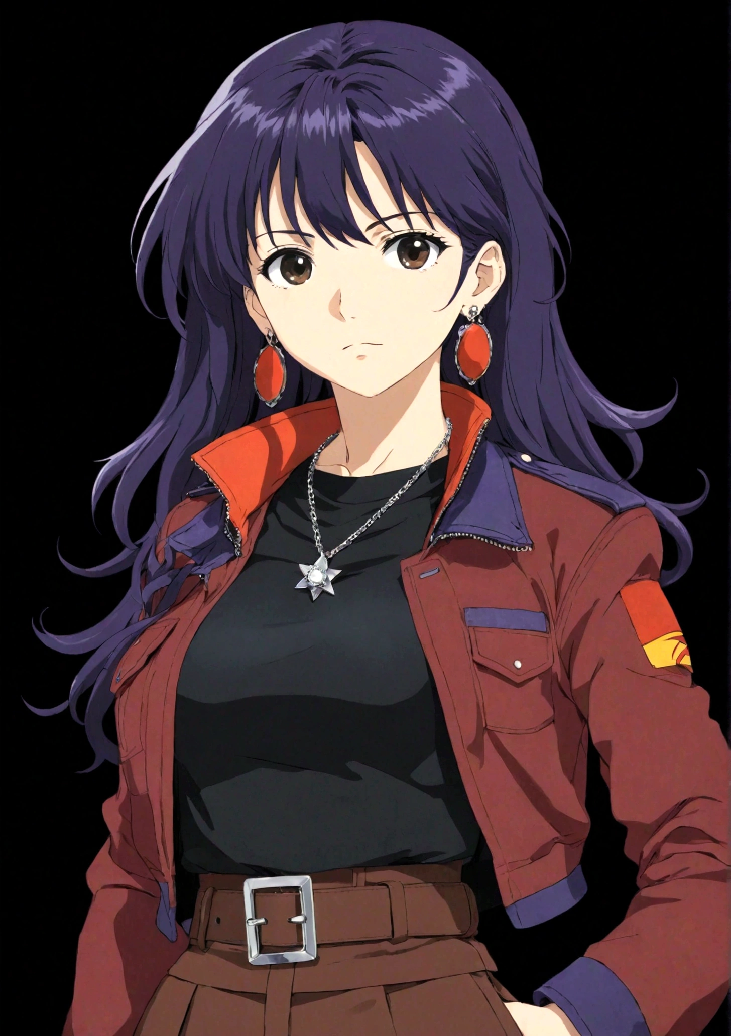 1 Girl，belt，black background，十字架necklace，earrings，Akimbo，jacket，Jewelry，katsuragi misato，Long hair，necklace，Transparent Background