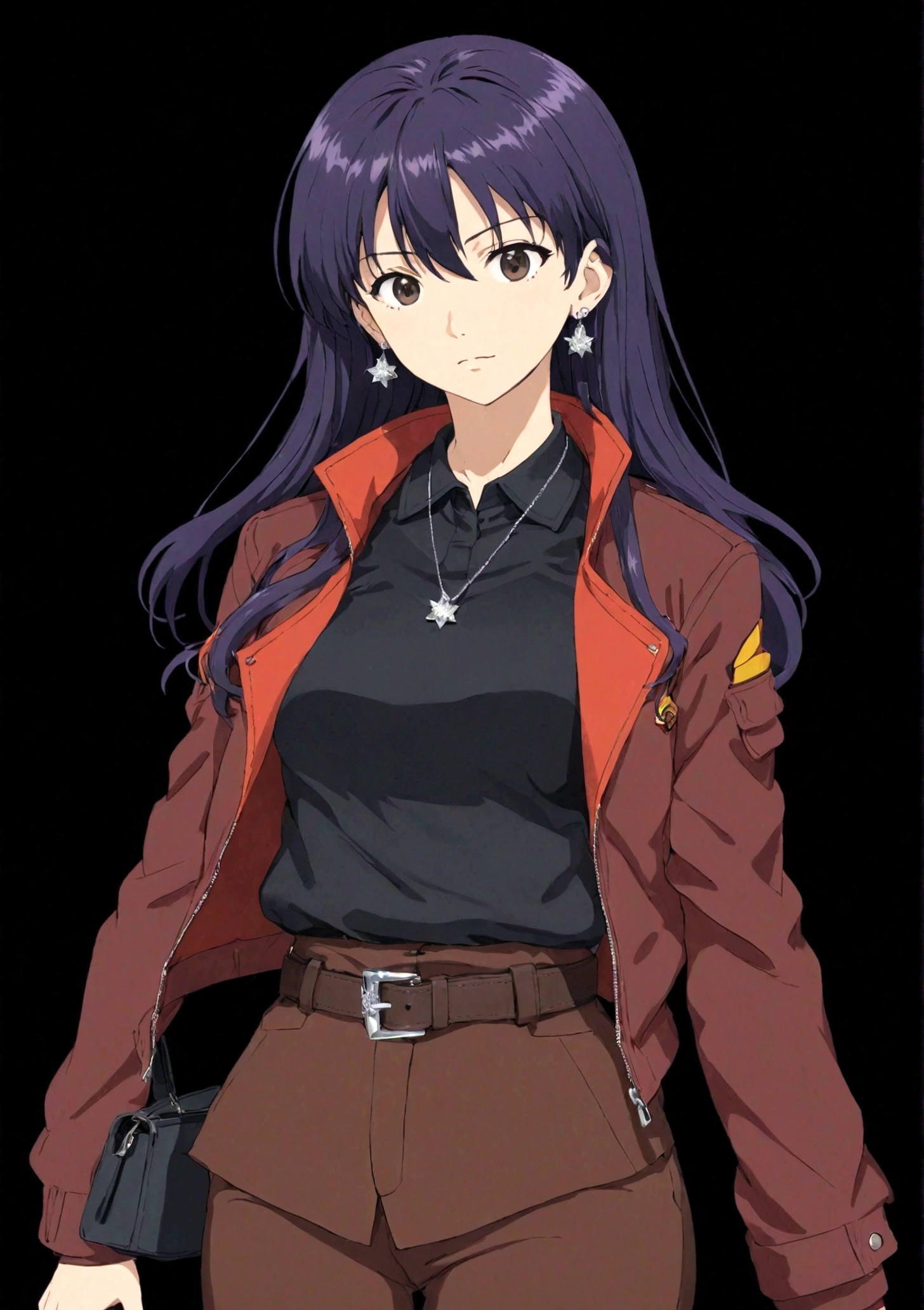 1 Girl，belt，black background，十字架necklace，earrings，Akimbo，jacket，Jewelry，katsuragi misato，Long hair，necklace，Transparent Background