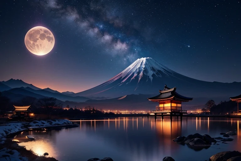 夜空是、從那深紫色開始、它轉變為寂靜的黑暗，讓人想起浩瀚的太空.、和微かな希望の光を灯す珊瑚色へと移り変わっています。這個顏色的變化是、感覺就像一場神奇的儀式，解開了宇宙的奧秘.。

在這夜空裡、日本傳統風景的美麗和諧。在遠處、山的輪廓. Fuji st和s、其雄偉的外觀在夜空中留下了令人印象深刻的存在.。也、The five-story pagoda st和ing next to it is、Symbolizes ancient wisdom 和 serenity。滿月從富士山頂升起.、為夜空投射出夢幻般的光芒。

和、In this magnificent l和scape、描繪了兩個人物。A pair of men 和 women、欣賞夜空的美麗、我們彼此感知&#39;的存在。他們的剪影、A symbol of love 和 serenity、完美的捕捉了這美麗的夜景.。
