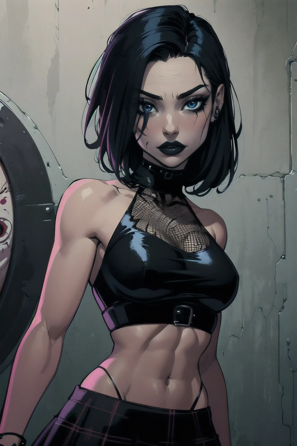 a woman with short black hair, hair on shoulders, wearing a black cropped and plaid skirt, blue eyes, zombie art, gothic art, cute aesthetic with vibe, toon aesthetic, wearing red costume, wearing gothic accessories, look like Cassie Hack, upper body, halloween background