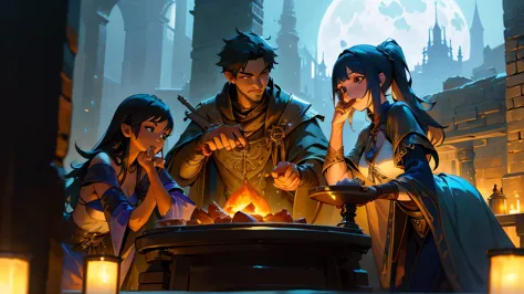 adventurers eating in front of the fireplace、while chatting、delicious meat dishes and cups on the table、adventurer sitting on a ...