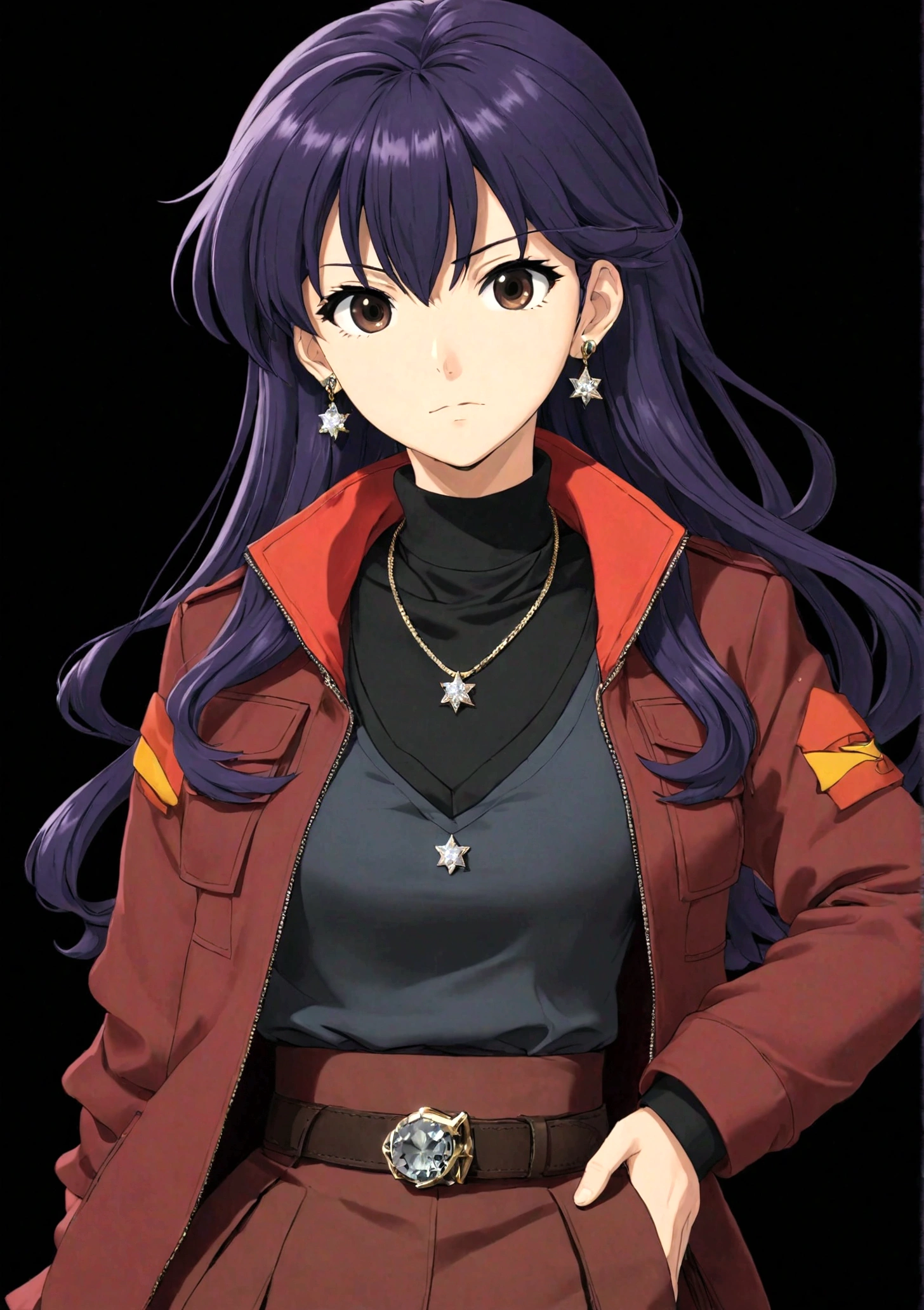 1 Girl，belt，black background，十字架necklace，earrings，Akimbo，jacket，Jewelry，katsuragi misato，Long hair，necklace，Transparent Background