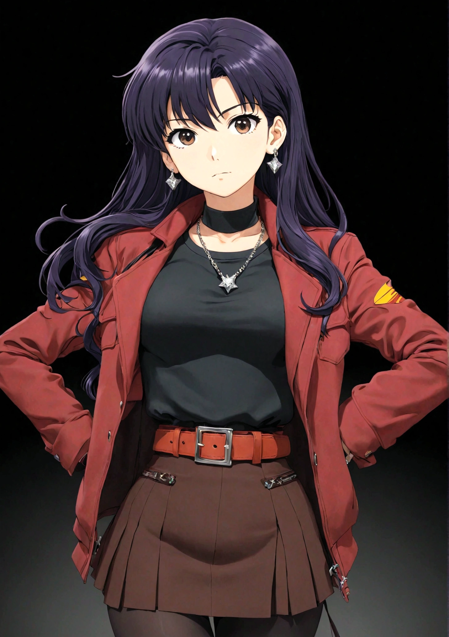 1 Girl，belt，black background，十字架necklace，earrings，Akimbo，jacket，Jewelry，katsuragi misato，Long hair，necklace，Transparent Background