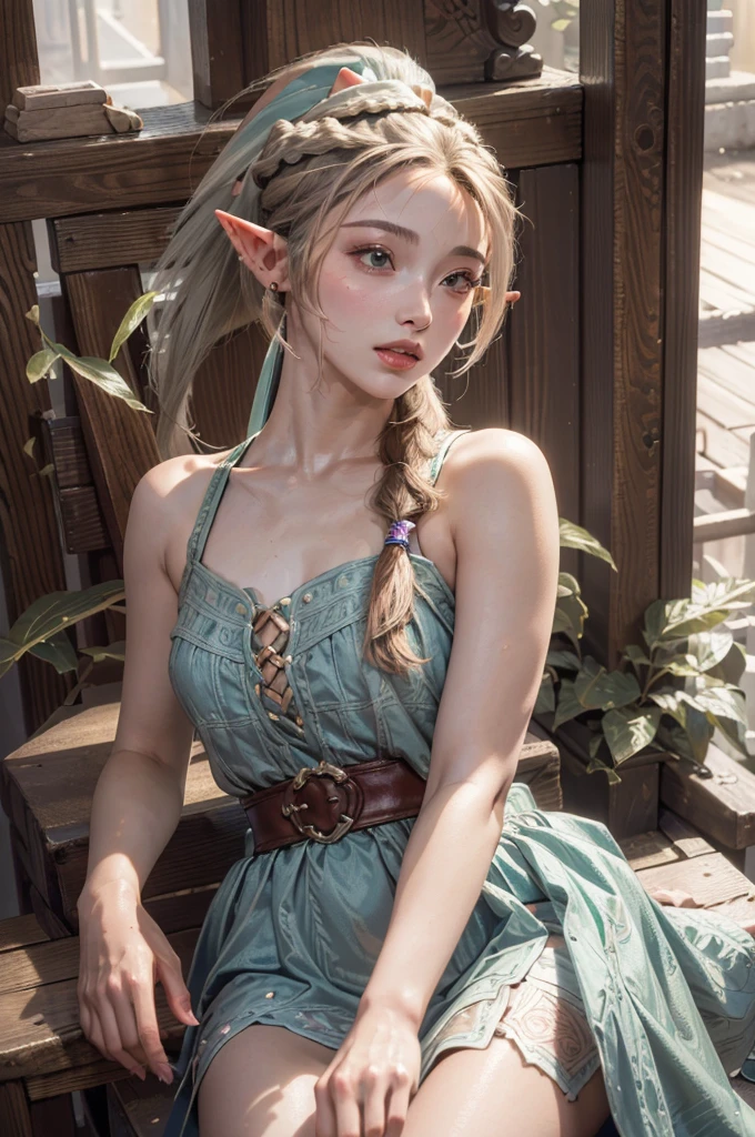 (highest quality, masterpiece:1.3), shape, ((Beautifully detailed face)), beautifully detailed skin, Intricate details, Very detailed, Best image quality in 8K, Fantasy World,A world of swords and magic,Big Forest,(18-year-old elf woman),Baby Face,(Detailed Hair,ponytail:1.6),Detailed lips,Open your mouth,blush,Embarrassing, Realistic Face,Realistic Skin,(Vibrant Skin,Moisturized Skin:1.2),Vivid lips,Lip gloss