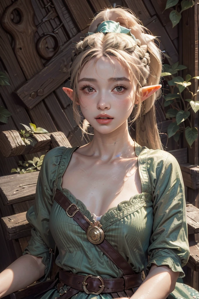 (highest quality, masterpiece:1.3), shape, ((Beautifully detailed face)), beautifully detailed skin, Intricate details, Very detailed, Best image quality in 8K, Fantasy World,A world of swords and magic,Big Forest,(18-year-old elf woman),Baby Face,(Detailed Hair,ponytail:1.6),Detailed lips,Open your mouth,blush,Embarrassing, Realistic Face,Realistic Skin,(Vibrant Skin,Moisturized Skin:1.2),Vivid lips,Lip gloss