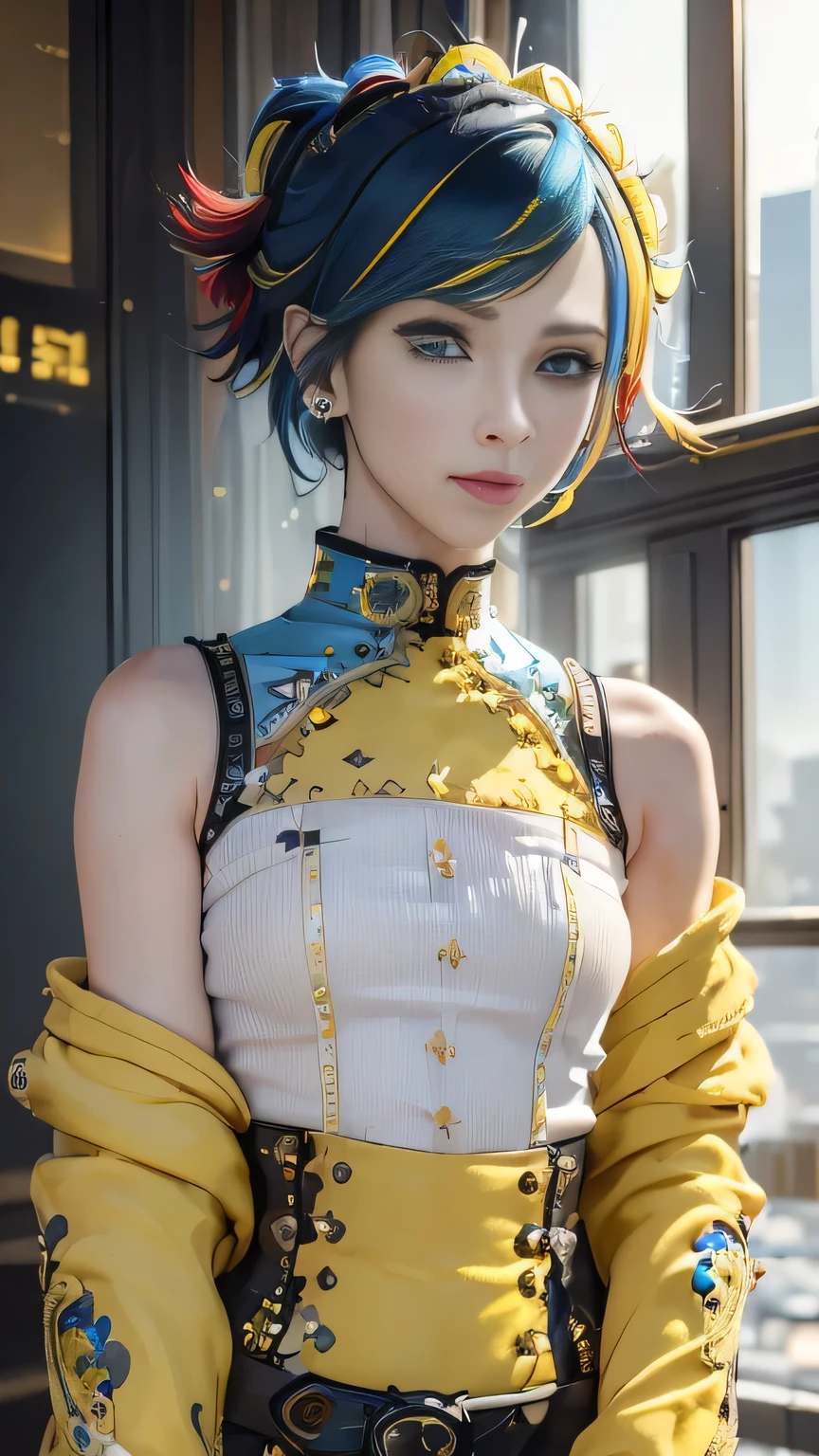 (masterpiece:1.3), (Best quality:1.2), (Extremely detailed settings:2), (Soft+Artistic Lighting), (1 boy), short blue haiRed, (Eye+yellow+Red:1.4), (multicoloRed Eye+Heterochromia), Wear cyberpunk costumes, Futuristic, technology, the view of the city (surrounding)0.4], Presenting a dramatic scene.