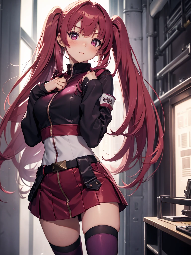 a girl，long red hair，Purple Eyes，blush，Female high school student，student，Black vest，Super detailed zipper，mini skirt，Knee socks，Rendering，best picture，dynamic poses，looking into camera long twin tails，Put your hands on your chest