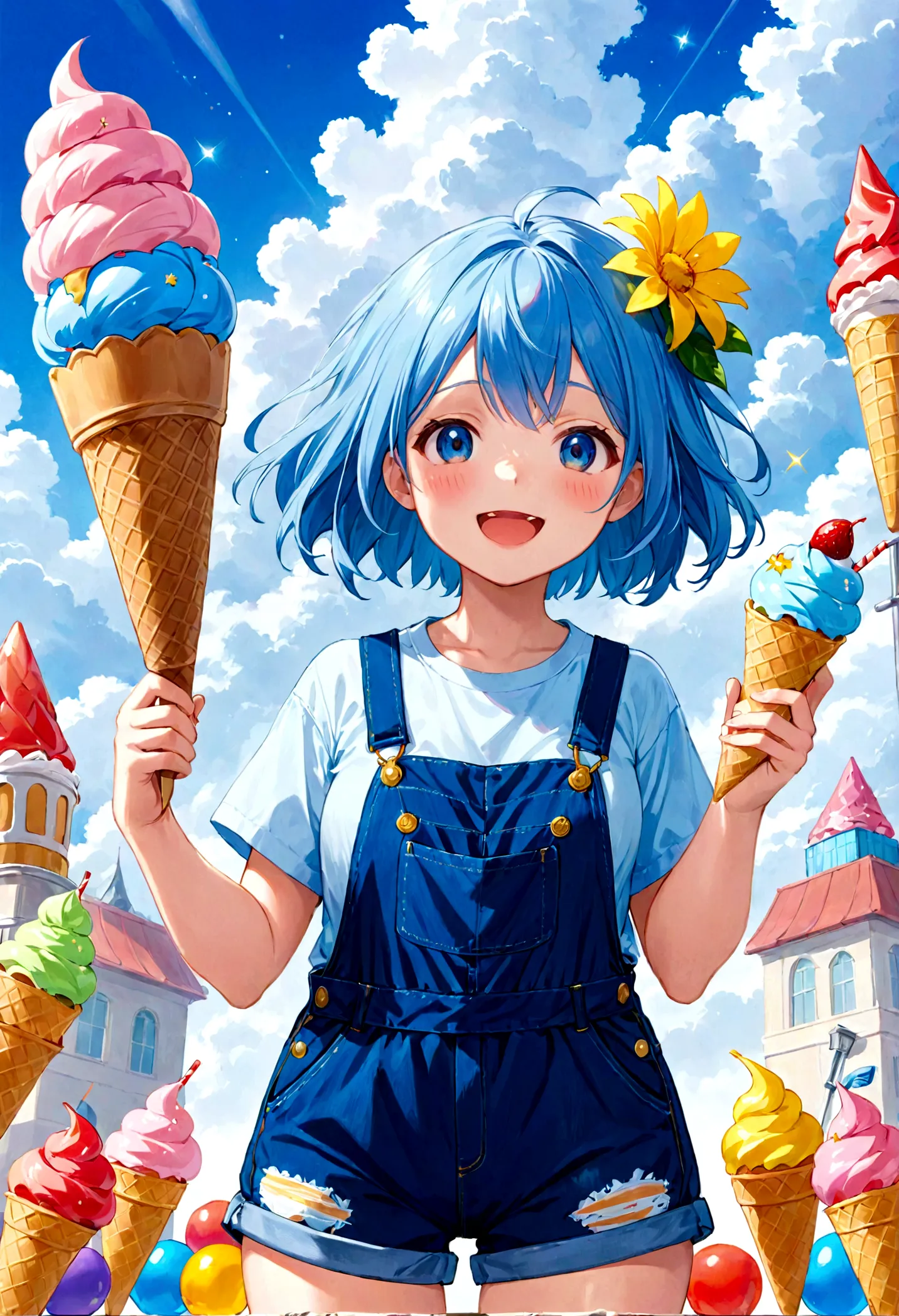 Anime protagonists masterpieces、highest quality、1girl、solo、Haruurara、Oversized Overall Shorts、Blue shirt、ice cream cone、accessor...