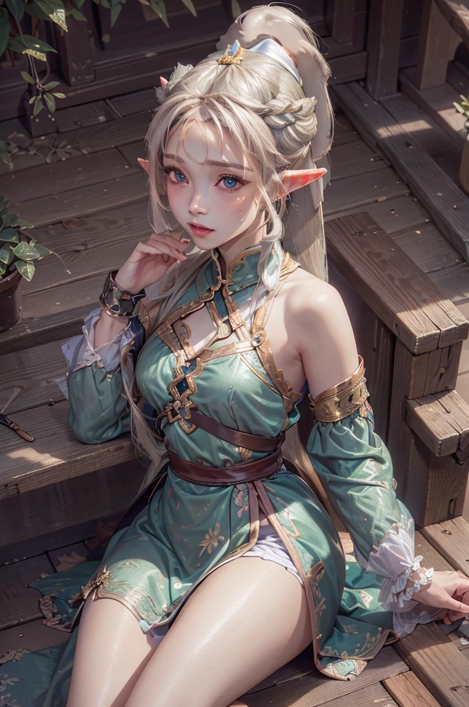 (highest quality, masterpiece:1.3), shape, ((Beautifully detailed face)), Beautiful and detailed skin, Intricate details, Very detailed, Best image quality in 8K, Mysterious figure,Fantasy World,A world of swords and magic,Big forest,(18-year-old elf woman:Beautiful dress),Baby Face,(Detailed Hair,ponytail:1.6),Detailed lips,Open your mouth,blush,Embarrassing, Realistic Face,Realistic Skin,(Vibrant Skin,Moisturized Skin:1.2),Vivid lips,Lip gloss