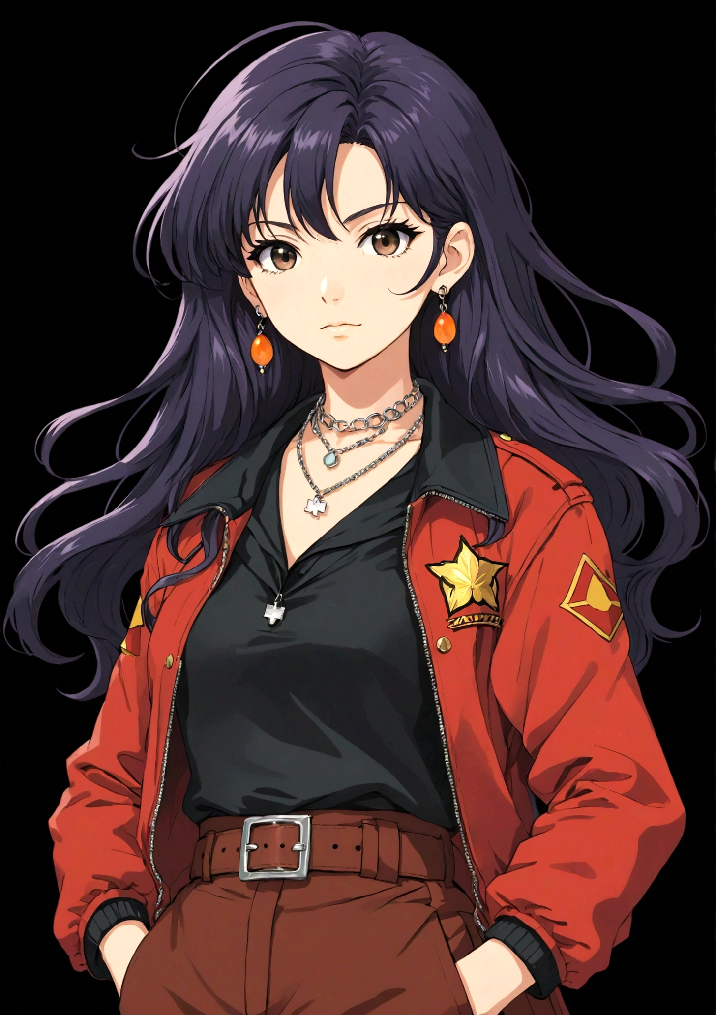 1 Girl，belt，black background，十字架necklace，earrings，Akimbo，jacket，Jewelry，katsuragi misato，Long hair，necklace，Transparent Background