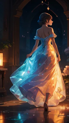 Charismatic, princess, flowers, glowing dress, walking to camera, dark background, broken glass on floor, lanterns, fantasy worl...
