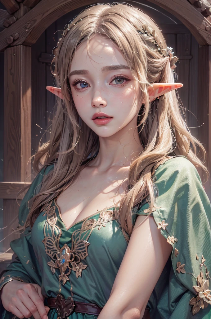 (highest quality, masterpiece:1.3), shape, ((Beautifully detailed face)), Beautiful and detailed skin, Intricate details, Very detailed, Best image quality in 8K, Mysterious figure,Fantasy World,A world of swords and magic,Big forest,(18-year-old elf woman:Beautiful dress),Baby Face,(Detailed Hair),Detailed lips,Open your mouth,blush,Embarrassing, Realistic Face,Realistic Skin,(Vibrant Skin,Moisturized Skin:1.2),Vivid lips,Lip gloss