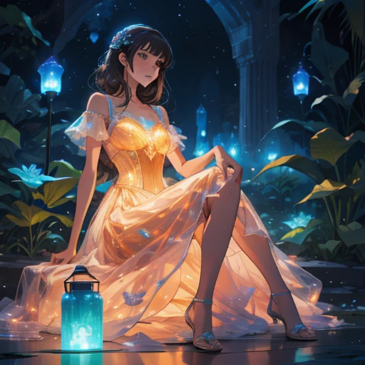Charismatic, princess, flowers, glowing dress, sitting on a box, dark background, bioluminescent plants, lanterns, fantasy world