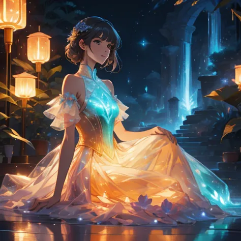 Charismatic, princess, flowers, glowing dress, sitting on a box, dark background, bioluminescent plants, lanterns, fantasy world