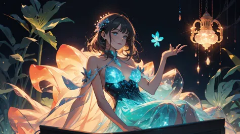 Charismatic, princess, flowers, glowing dress, sitting on a box, dark background, bioluminescent plants, fantasy world