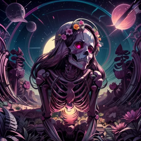 beautiful lighting, ((skeleton)), front, sitting, no humans, 
flower armor, flower crown, glowing eyes, happy vibes, bright pink...