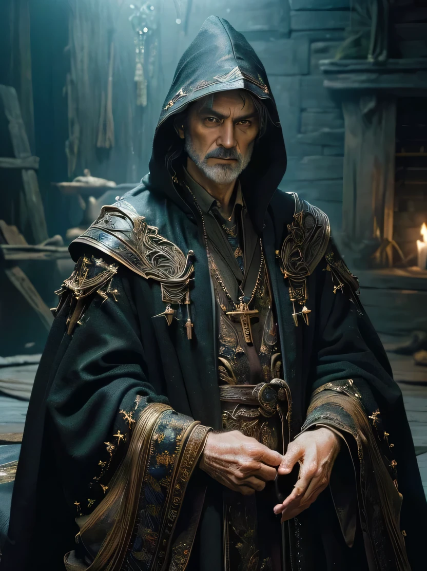 ((masterpiece、highest quality、Very detailed、High resolution、Photorealistic、Sharp focus))、Bust Shot、Handsome mature male wizard wearing a charming hood、(Black Hair、Straight face、Sharp Eye)、Black jaw、Dark atmosphere、Cross your arms in front of you、View your viewers、Detailed depiction of the hand、Wizardrope、oil painting