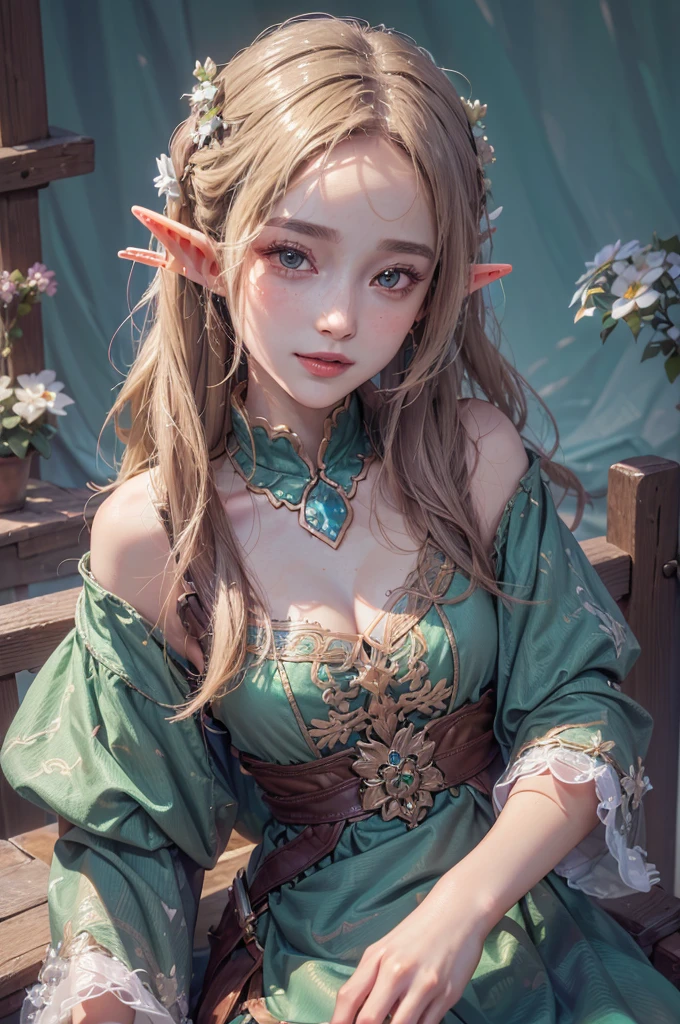 (highest quality, masterpiece:1.3), shape, ((Beautifully detailed face)), Beautiful and detailed skin, Intricate details, Very detailed, Best image quality in 8K, Mysterious figure,Fantasy World,A world of swords and magic,Big forest,(18-year-old elf woman:Beautiful dress),Baby Face,(Detailed Hair),Detailed lips,Open your mouth,blush,Embarrassing, smile,Realistic Face,Realistic Skin,(Vibrant Skin,Moisturized Skin:1.2),Vivid lips,Lip gloss