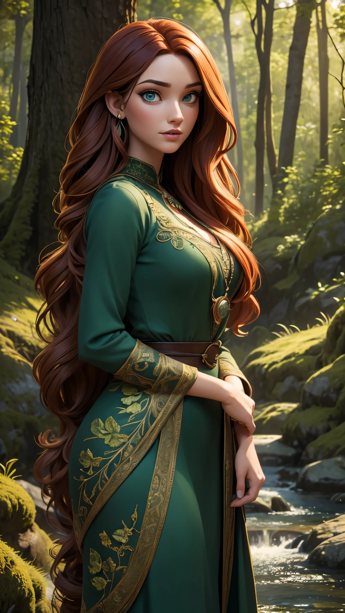 a young woman with long curly red hair, beautiful detailed eyes, beautiful detailed lips, extremely detailed face, longeyes, wearing a medieval-style green dress, in a forest setting with trees, rocks, and a stream, (best quality,4k,8k,highres,masterpiece:1.2),ultra-detailed,(realistic,photorealistic,photo-realistic:1.37),fantasy,highly detailed,intricate,cinematic lighting,vibrant colors,dramatic