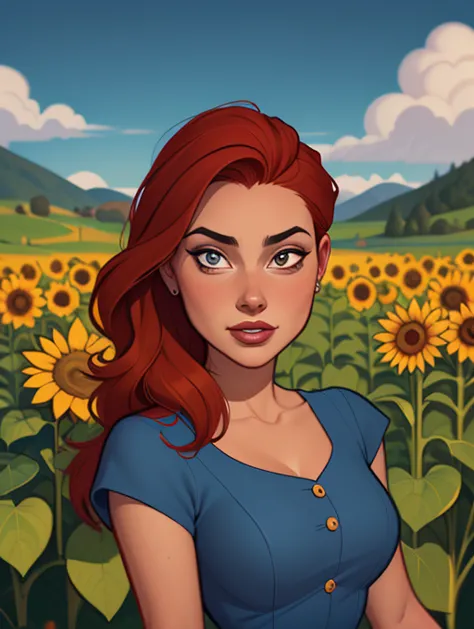 a woman with red hair and a blue dress standing in a field of sunflowers, Abigail de Stardew Valley, linda pintura de personagem...