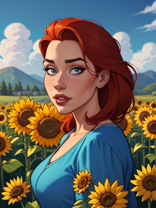 une femme aux cheveux rouges et une robe bleue debout dans un champ de tournesols, Abigail de Stardew Valley, belle peinture de personnage, belle illustration numérique, Style artistique Disney, 🤤 photo de , joli art numérique détaillé, pas de style artistique par bowater, art de personnage génial, style artistique fantastique, illustration de portrait épique, peinture réaliste d&#39;une belle fille, superbe illustration numérique