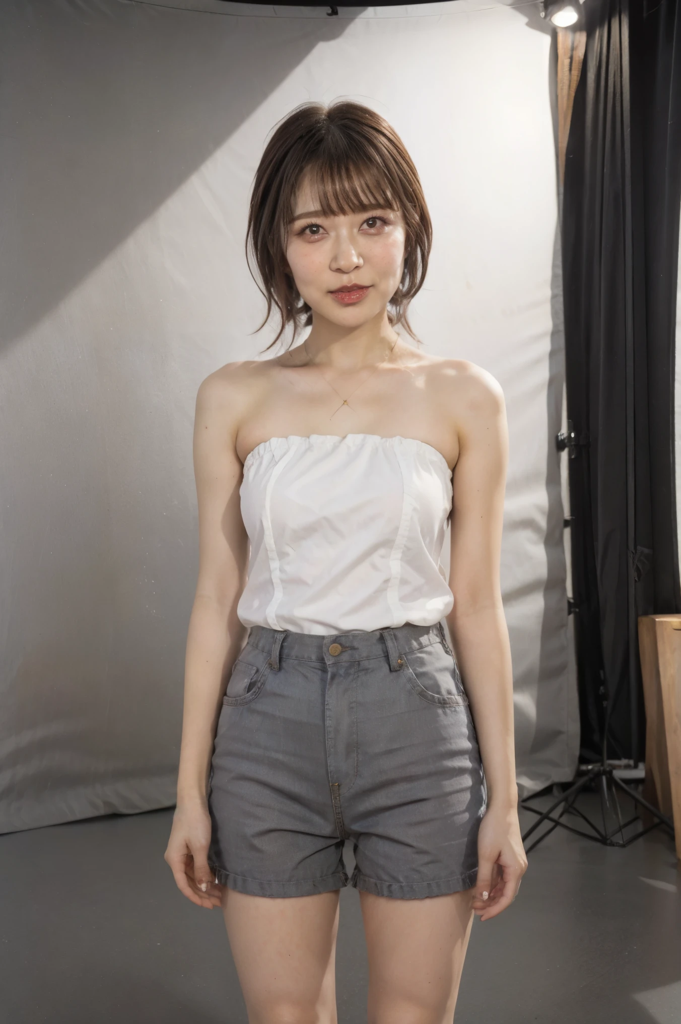 A woman in a white top and gray shorts posing for a picture - SeaArt AI