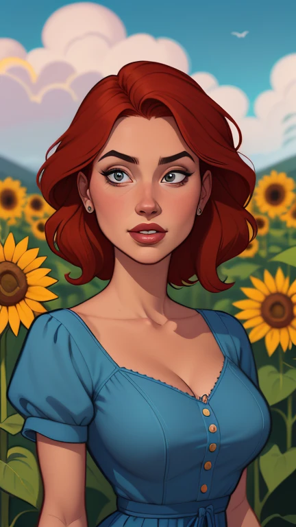 una mujer con pelo rojo y un vestido azul de pie en un campo de girasoles, Abigail de Stardew Valley, hermosa pintura de personajes, hermosa ilustración digital, estilo de arte da Disney, 🤤 retrato de , Lindo arte digital detallado, sin estilo artístico de bowater, impresionante arte de personajes, estilo de arte de fantasía, ilustración de retrato épico, pintura realista de hermosa niña, impresionante ilustración digital