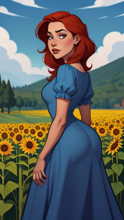 uma mulher com cabelo ruivo e um vestido azul em pé num campo de girassóis, Abigail de Stardew Valley, linda pintura de personagem, linda ilustração digital, estilo de arte da Disney, 🤤 retrato de , arte digital detalhada fofa, nenhum estilo de arte por bowater, arte de personagem impressionante, estilo de arte de fantasia, ilustração de retrato épico, pintura realista de linda garota, ilustração digital deslumbrante