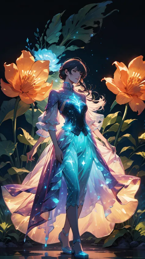Charismatic, prince, flowers, glowing outfit, dark background, bioluminescent plants, fantasy world