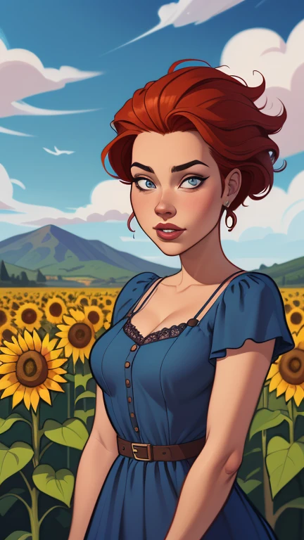 une femme aux cheveux rouges et une robe bleue debout dans un champ de tournesols, Abigail de Stardew Valley, belle peinture de personnage, belle illustration numérique, Style artistique Disney, 🤤 photo de , joli art numérique détaillé, pas de style artistique par bowater, art de personnage génial, style artistique fantastique, illustration de portrait épique, peinture réaliste d&#39;une belle fille, superbe illustration numérique